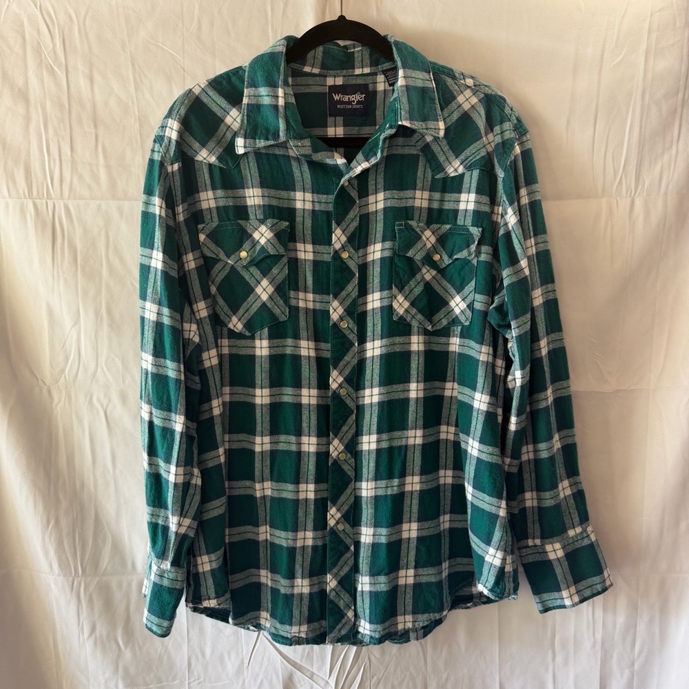 Wrangler Plaid Flannel Pearl Snap Western Shirt Men XL Green Work Chore Cowboy